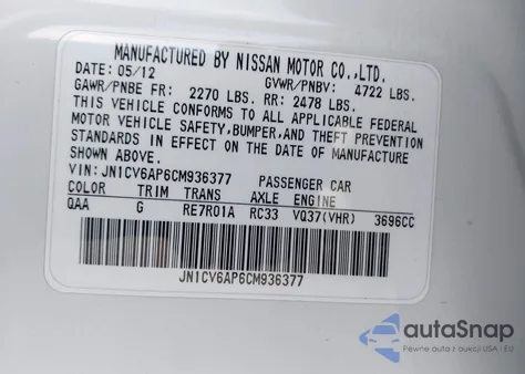 2012 Infiniti G37 Journey from USA, damaged, VIN JN1CV6AP6CM936377